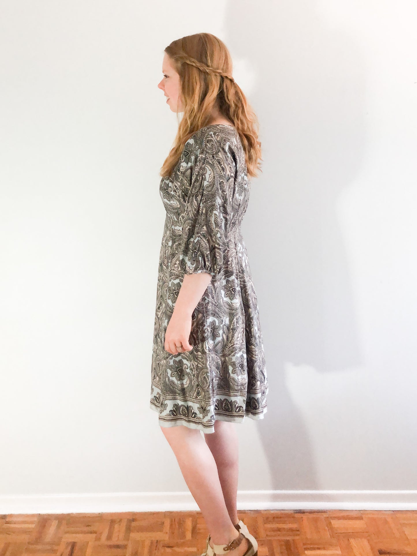 Nine West Mint 100% Silk Paisley 3/4 Sleeve Balloon Sleeve Dress - Size 8