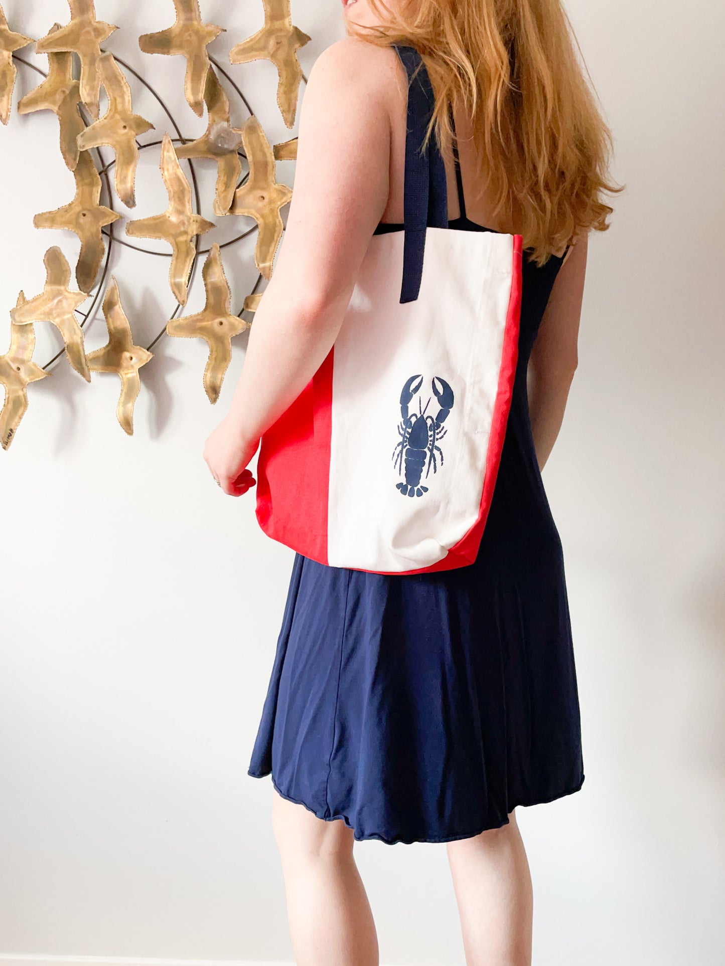 Upcycled Lobster Red & White Nautical Tote Bag