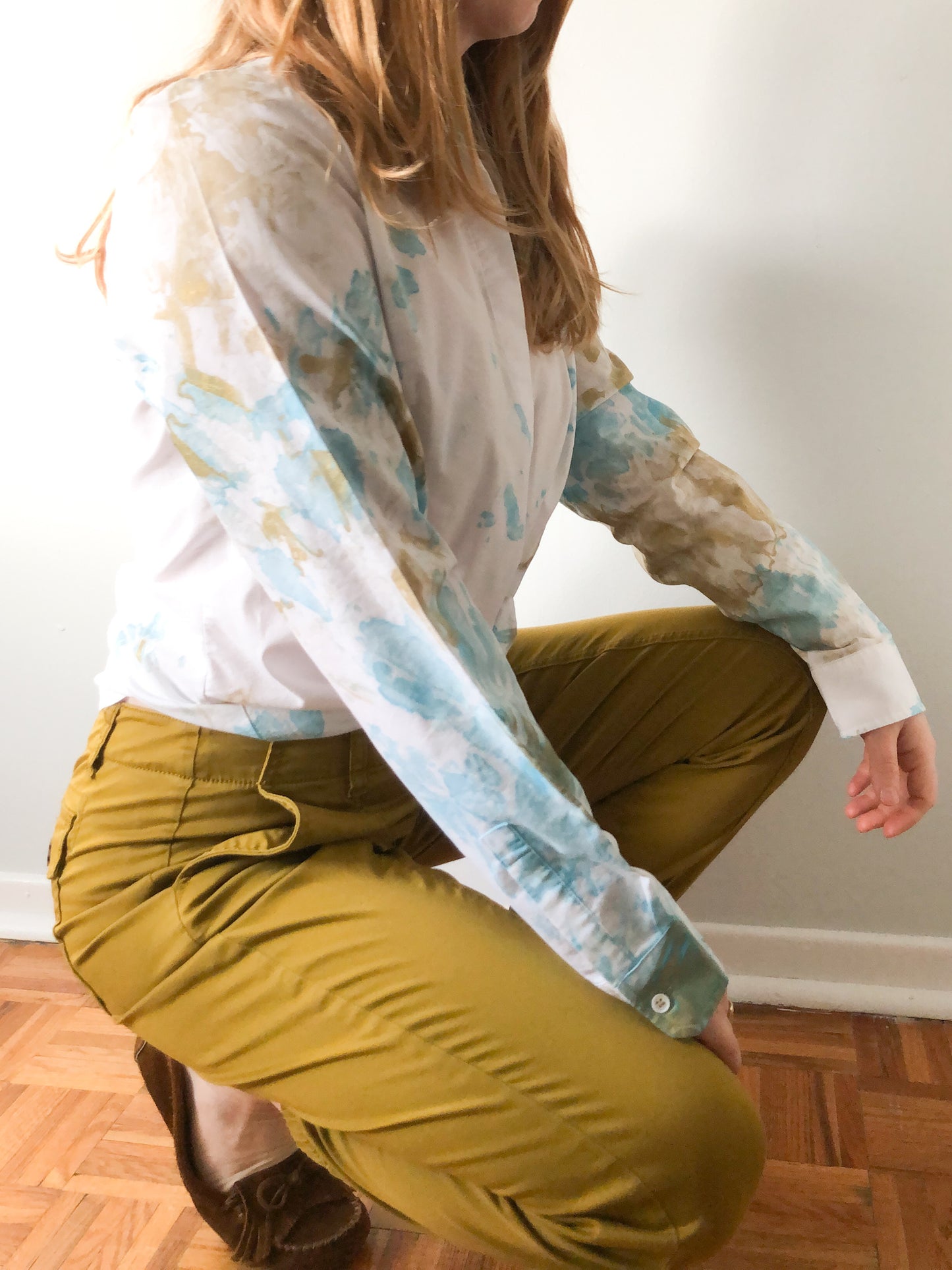 Upcycled Blue Gold Watercolor Cotton Stretch Button Down Blouse - M/L