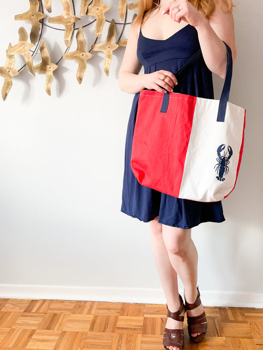 Upcycled Lobster Red & White Nautical Tote Bag