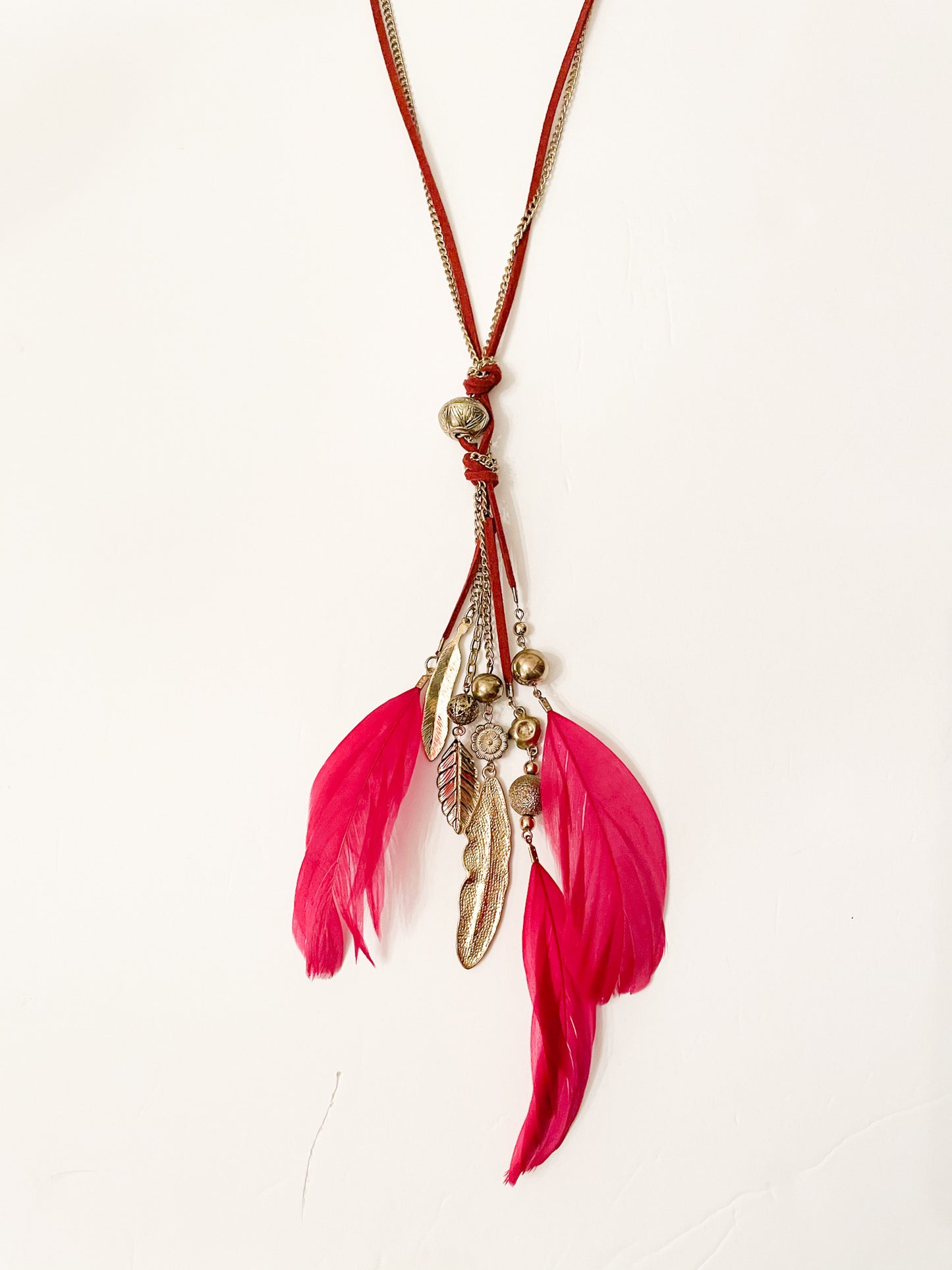 Red & Gold Feather Long Dangle Necklace