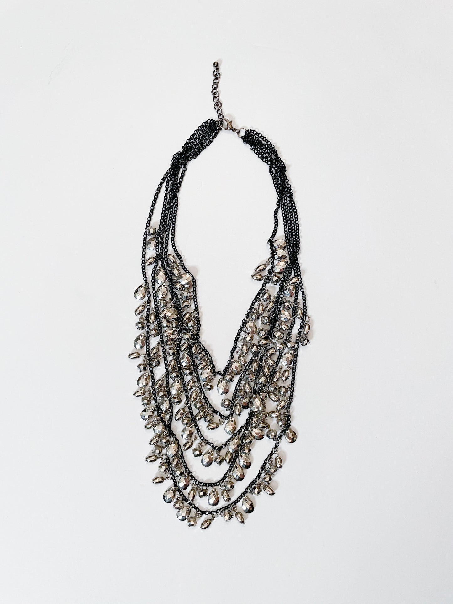 Black with Silver Multifaceted Layered Black Chain Statement Necklace