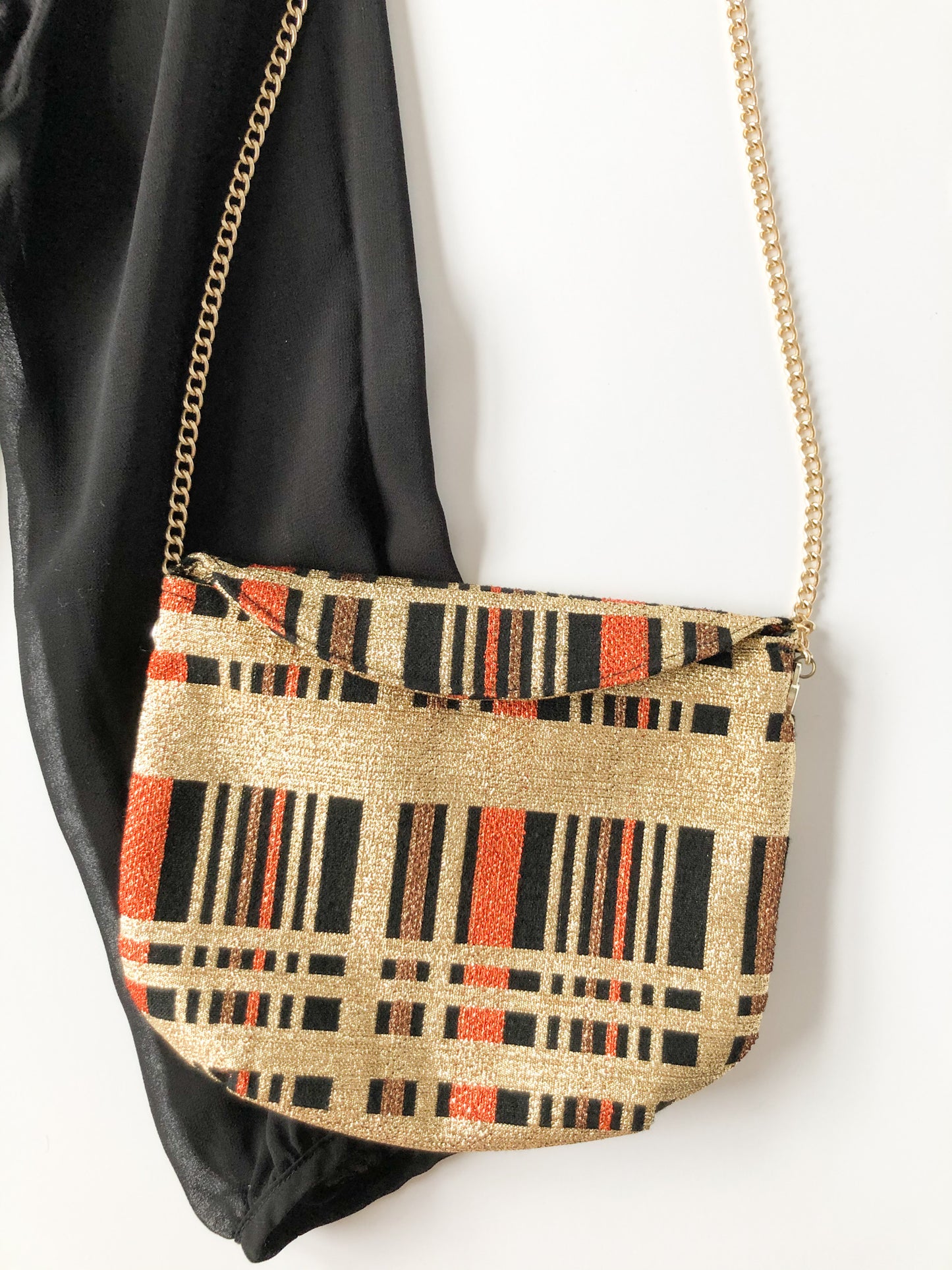 Vintage Walborg Handmade Gold Black and Orange Lame Clutch Purse - Made in Japan