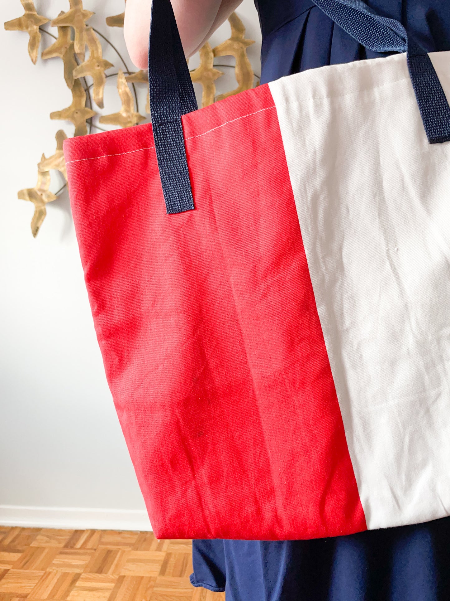 Upcycled Lobster Red & White Nautical Tote Bag