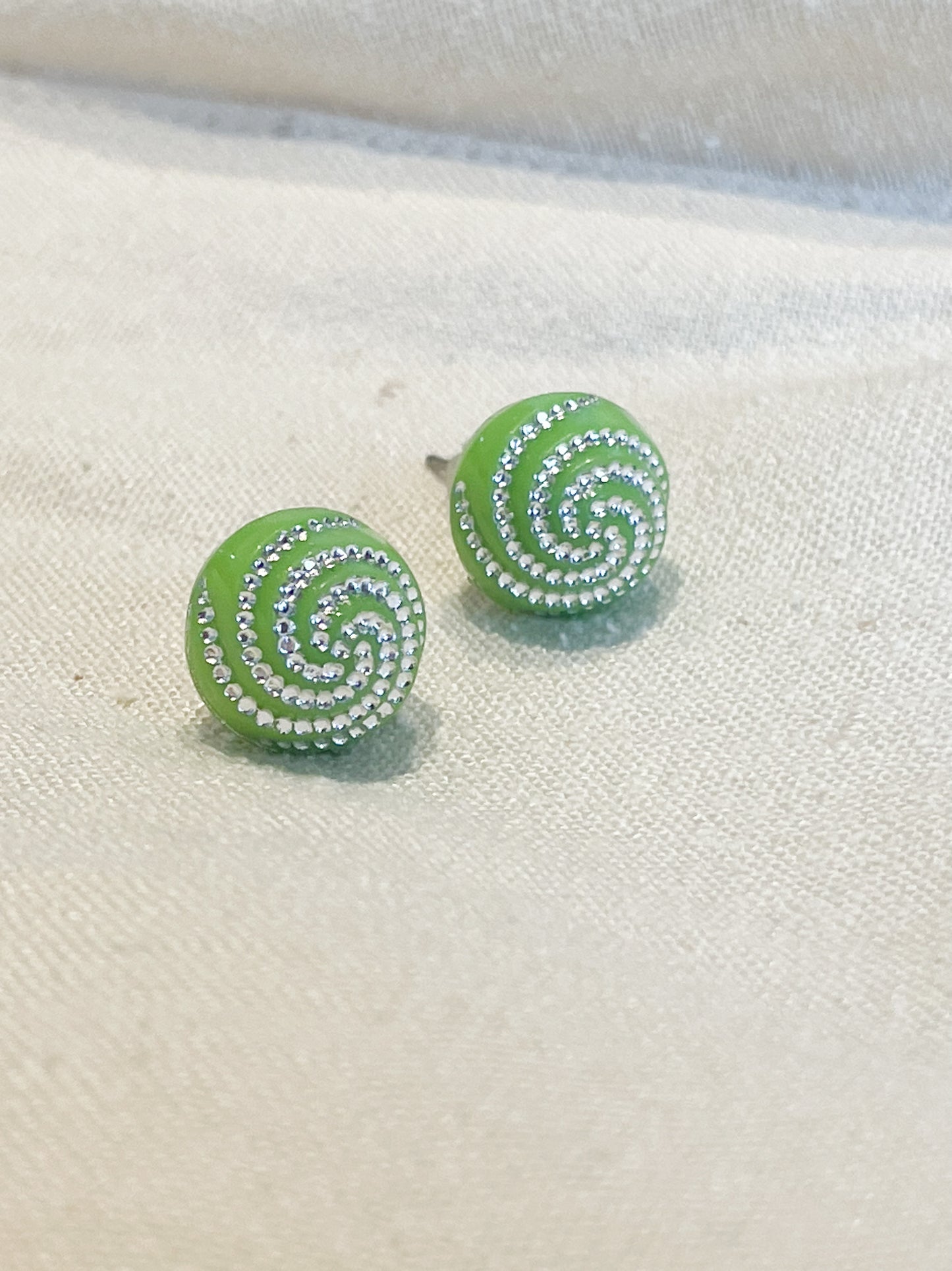 Lime Green Silver Swirl Stud Earrings