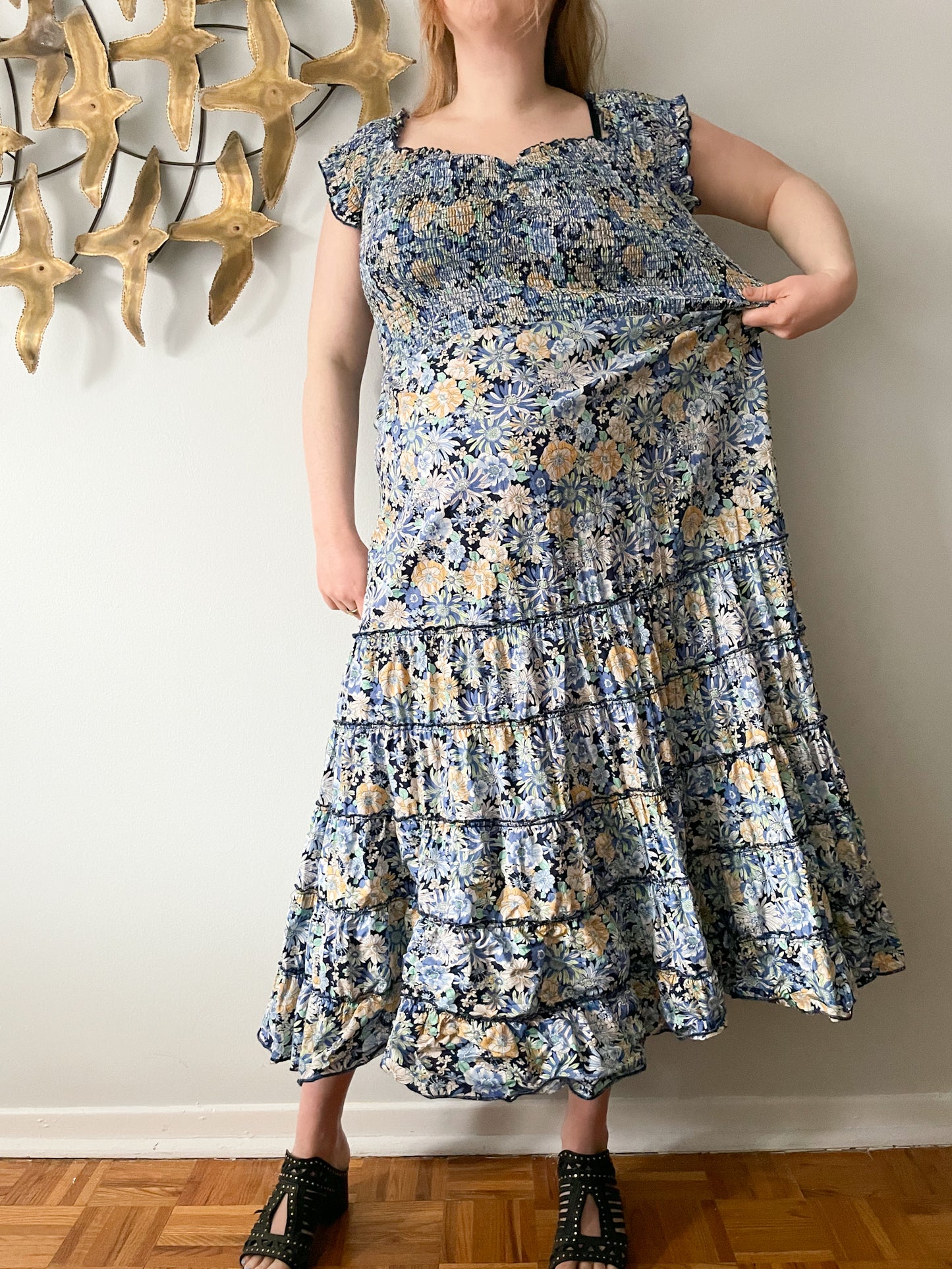 Heartloom Blue Floral Smocked Cap Sleeve Cotton Tiered Ruffle Maxi Dress - XL