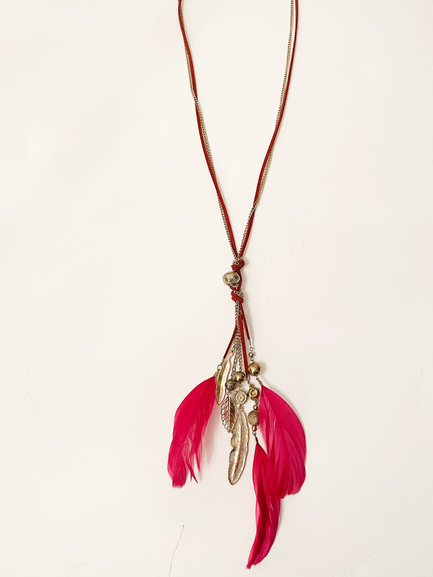 Red & Gold Feather Long Dangle Necklace