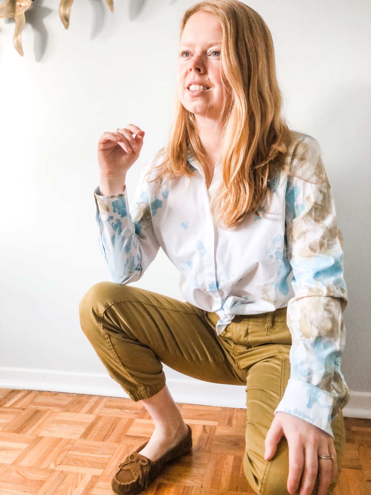 Upcycled Blue Gold Watercolor Cotton Stretch Button Down Blouse - M/L