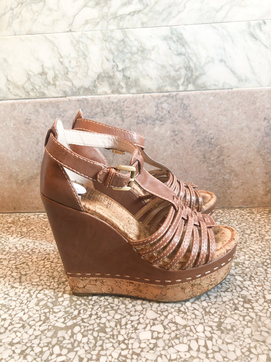 MRKT Brown Cork Leather Platform Wedge Sandals - Le Prix Fashion & Consulting