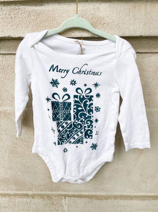 White Merry Christmas Upcycled Long Sleeve Baby Bodysuit - 12-18 Months