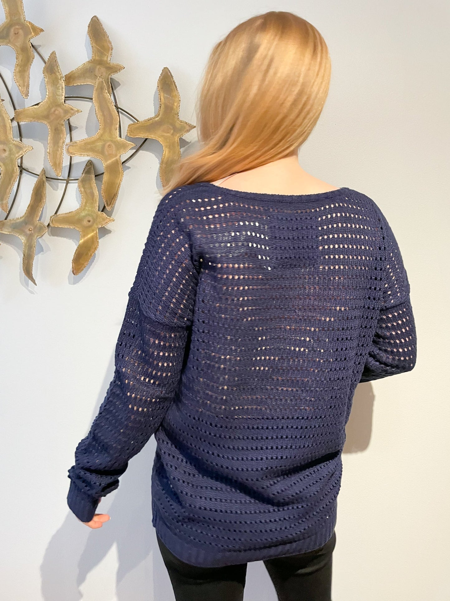 Fine Collection Navy Silk Linen Cutout Knit Sweater NWT - M/L