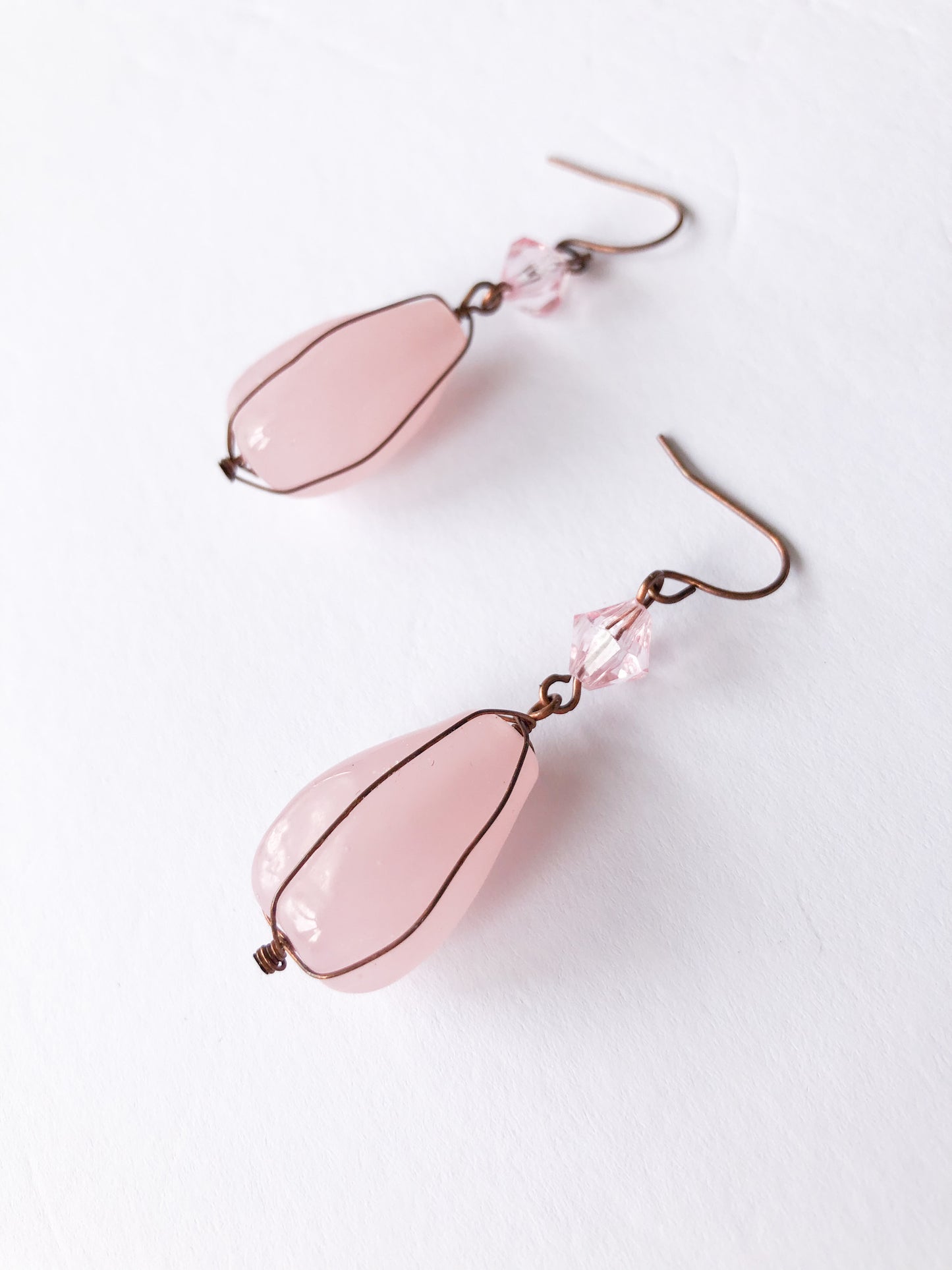 Pink Quartz Copper Wire Dangle Earrings