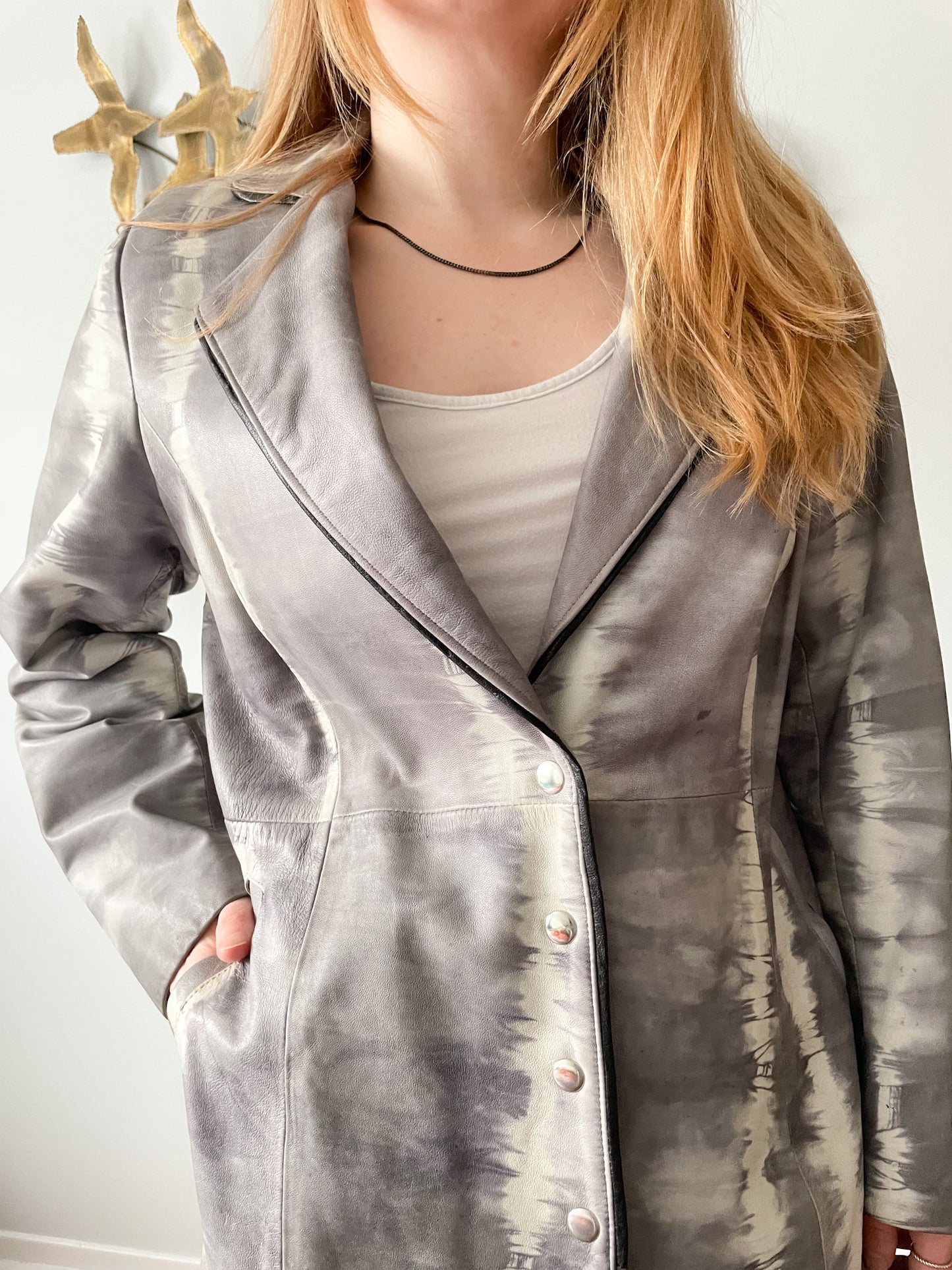 Yes Virginia Grey Tie Dye-Print Genuine Lamb Leather Long Leather Jacket - Medium