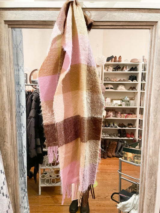 Careta Lilac Taupe Checker Knit Fringe Scarf