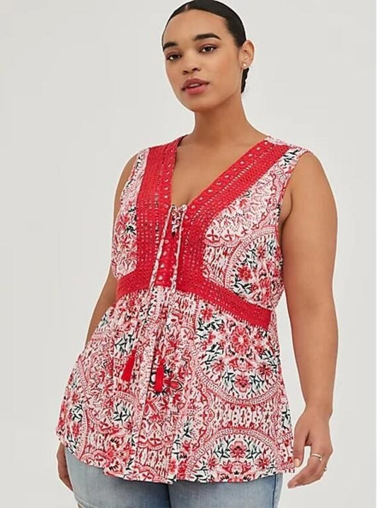 Torrid Red Floral Boho Lace-Up Babydoll Tank Top NWT - 5X