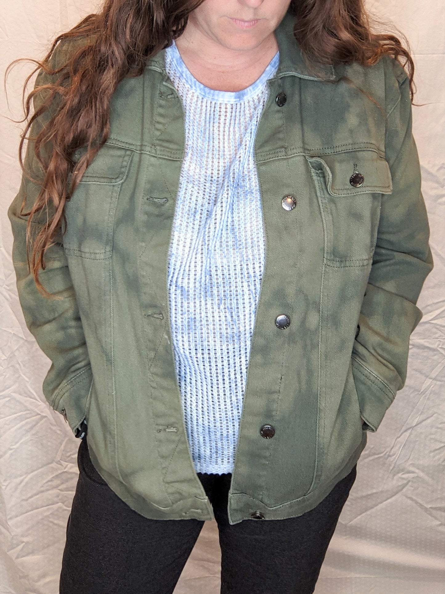 Olive Green Reverse Tie Dye Rose Hair Graphic Denim Jacket - Large